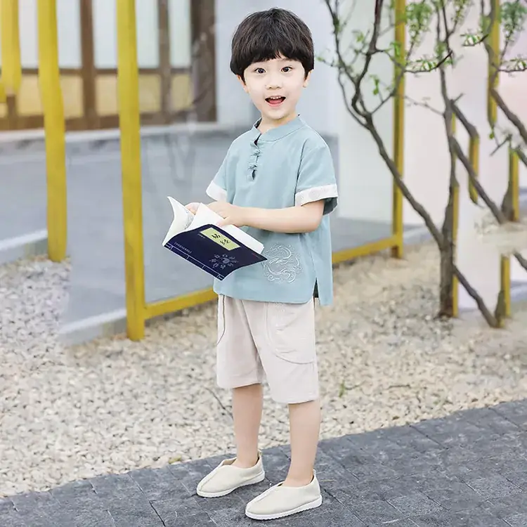 Boys Chinese Style 2025 Summer Tang Suit Short Sleeve Panlong Hanfu - Image 3