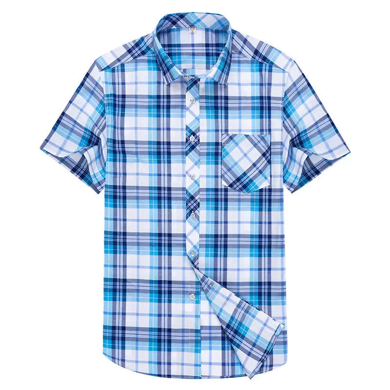 Men's Blue Plaid Short Sleeve Shirt Lapel Casual - Image 9