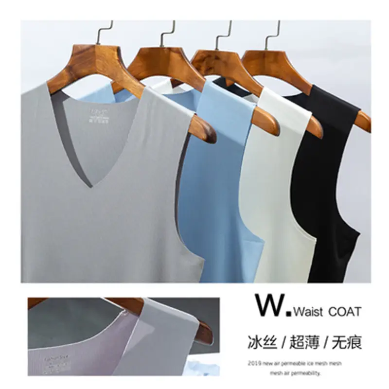 White Ice Silk Sleeveless V-Neck Vest for Men