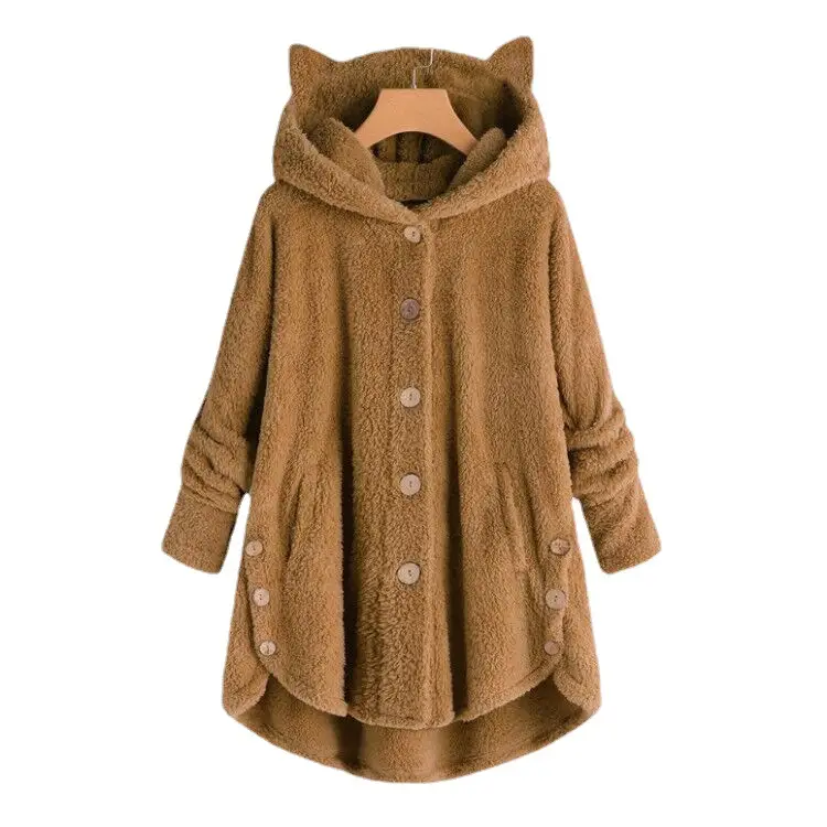 Women Button Hooded Cat Ear Plush Jacket Brown