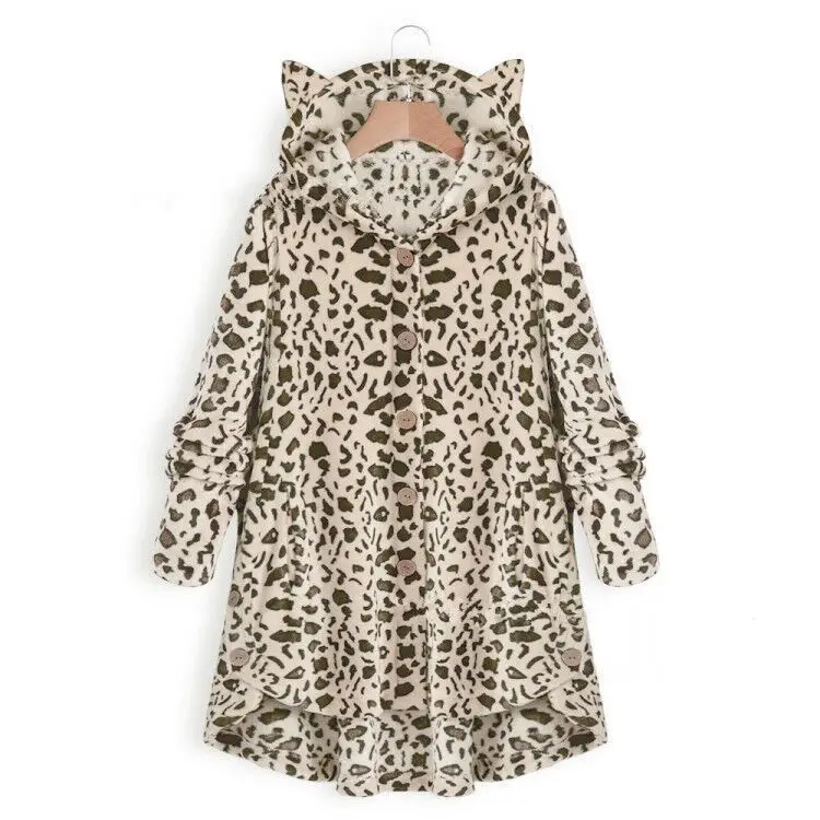 Women Button Hooded Cat Ear Plush Jacket Brown