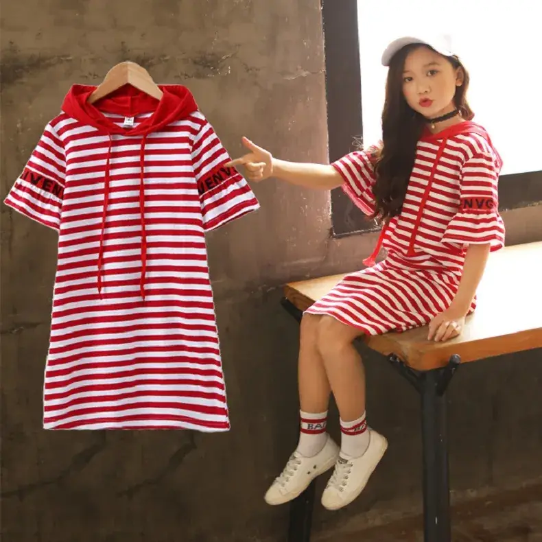 Girls Red Striped Hooded T-Shirt Dress Mid Length Pure Cotton