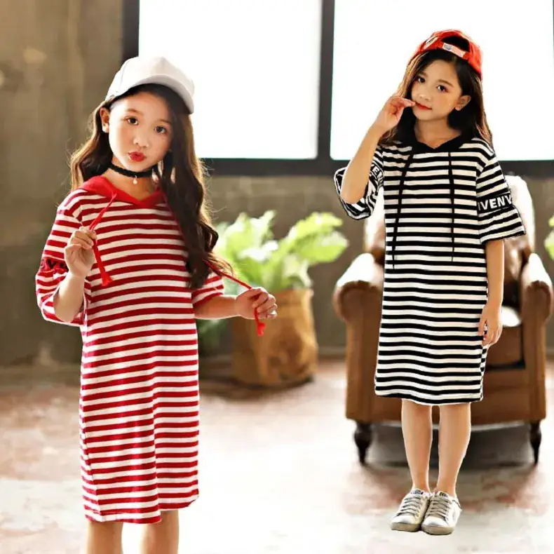Girls Red Striped Hooded T-Shirt Dress Mid Length Pure Cotton