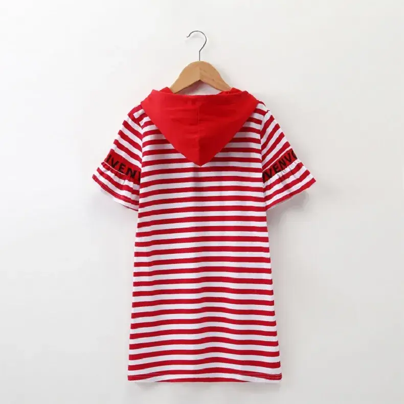 Girls Red Striped Hooded T-Shirt Dress Mid Length Pure Cotton