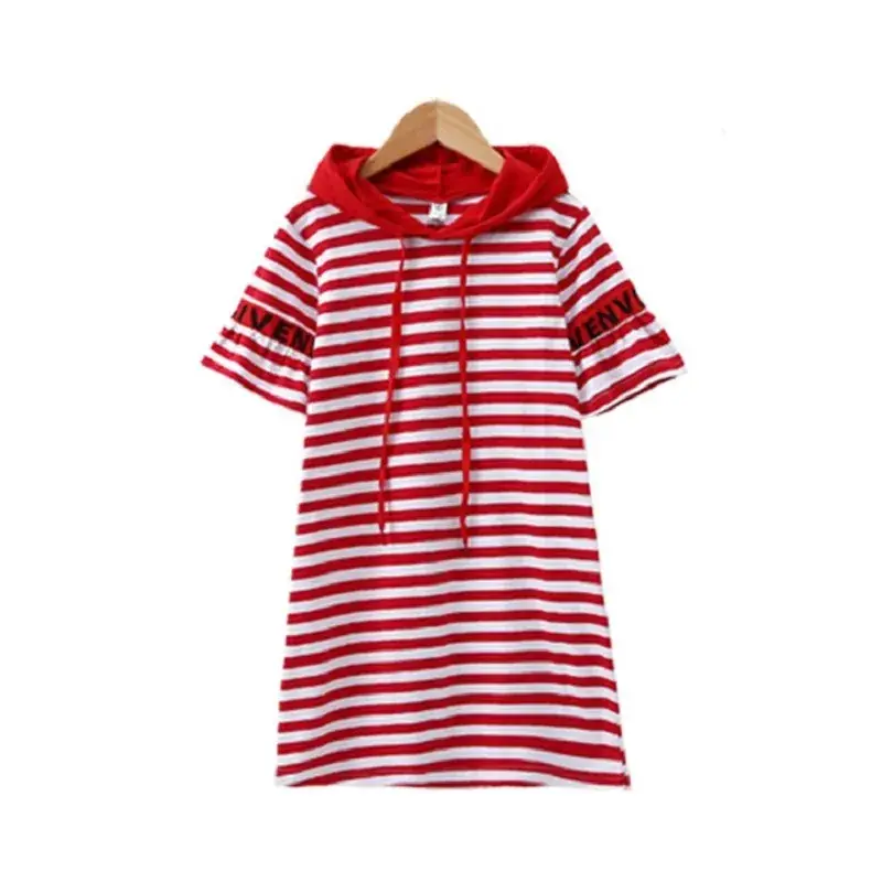 Girls Red Striped Hooded T-Shirt Dress Mid Length Pure Cotton