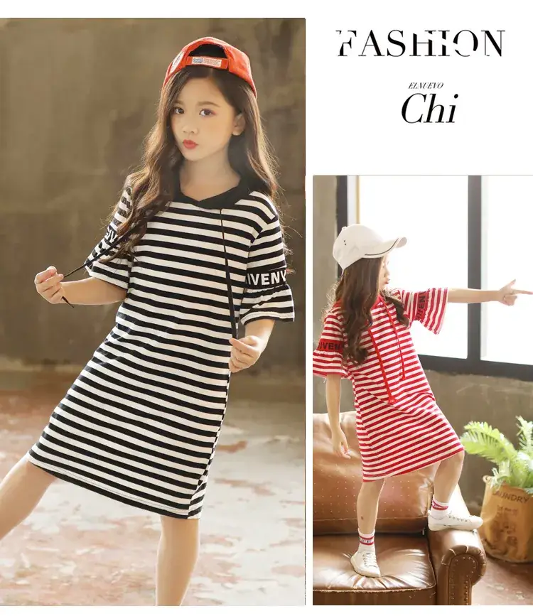 Girls Red Striped Hooded T-Shirt Dress Mid Length Pure Cotton — feature 10