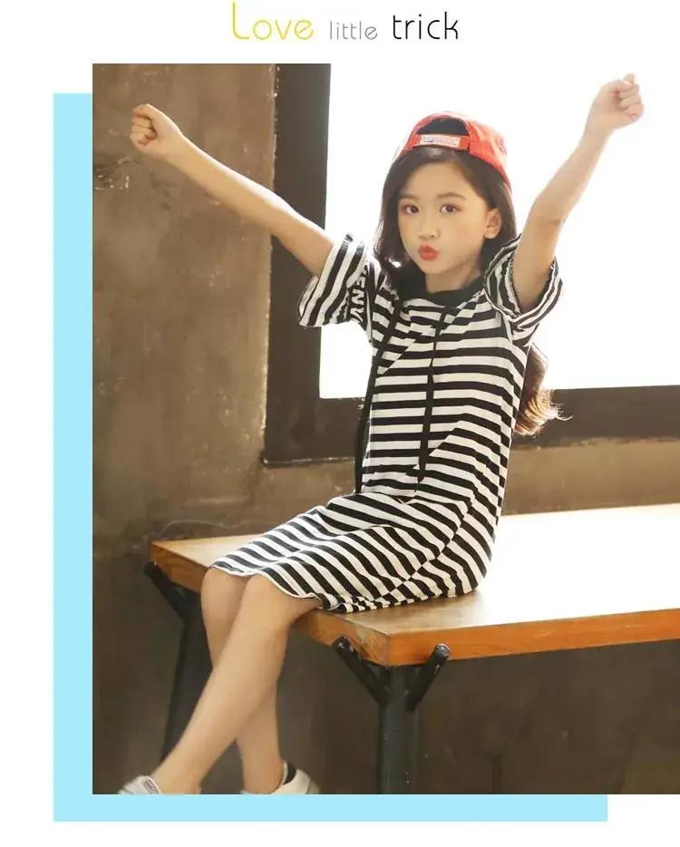 Girls Red Striped Hooded T-Shirt Dress Mid Length Pure Cotton — feature 11