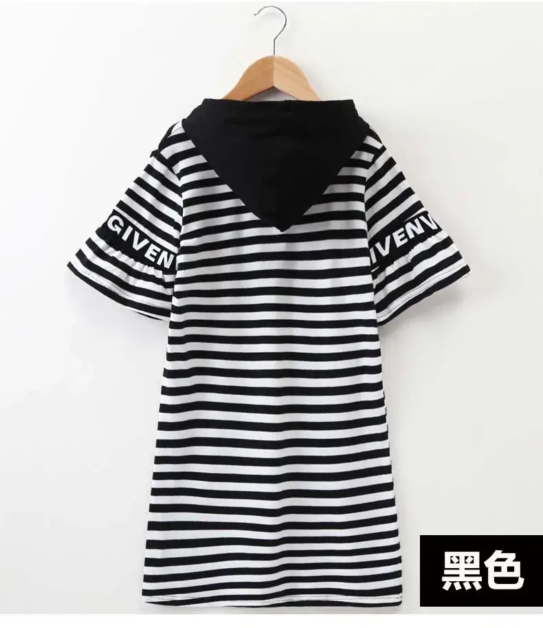 Girls Red Striped Hooded T-Shirt Dress Mid Length Pure Cotton — feature 14