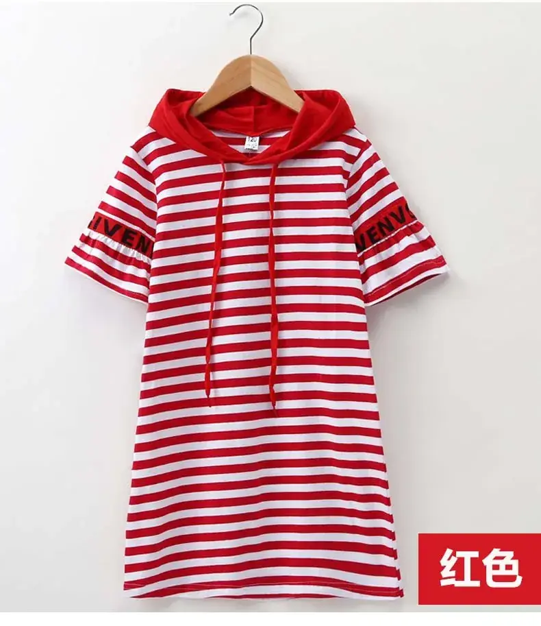 Girls Red Striped Hooded T-Shirt Dress Mid Length Pure Cotton — feature 15