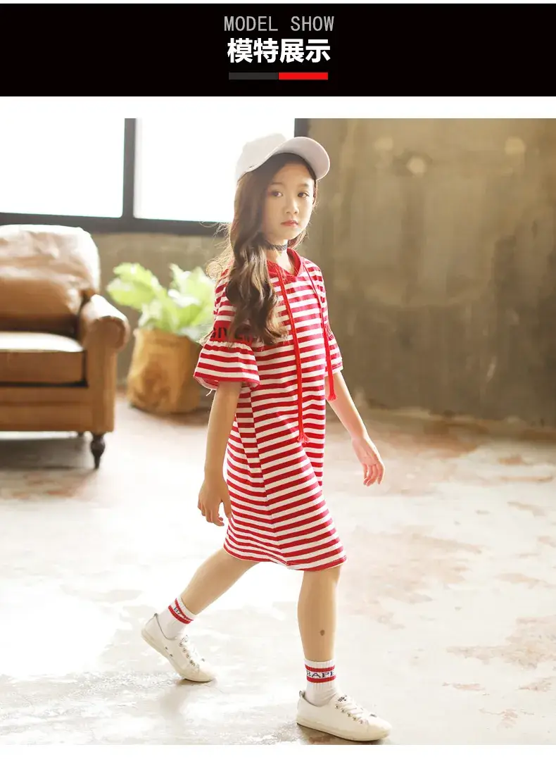 Girls Red Striped Hooded T-Shirt Dress Mid Length Pure Cotton — feature 4