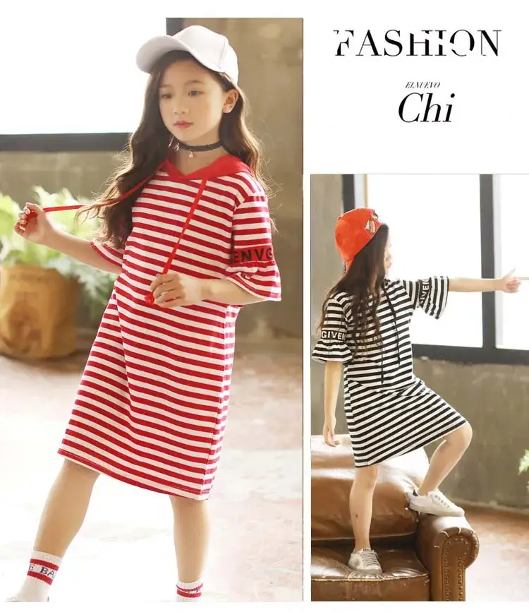Girls Red Striped Hooded T-Shirt Dress Mid Length Pure Cotton — feature 5