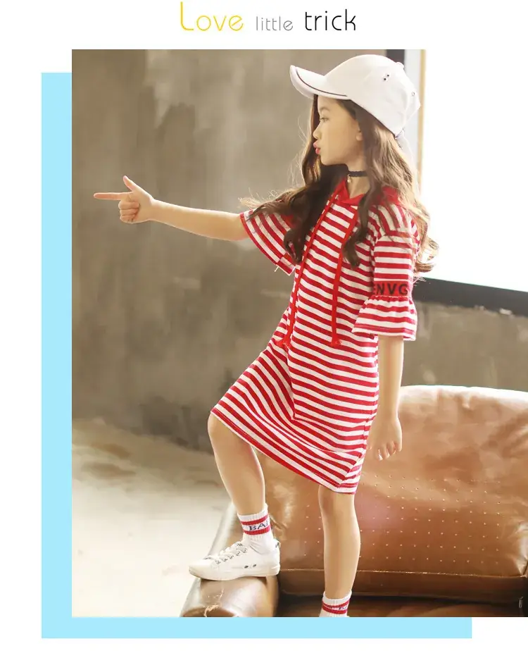 Girls Red Striped Hooded T-Shirt Dress Mid Length Pure Cotton — feature 6