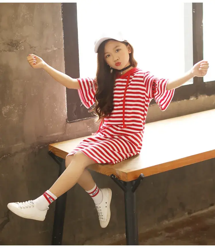 Girls Red Striped Hooded T-Shirt Dress Mid Length Pure Cotton — feature 7