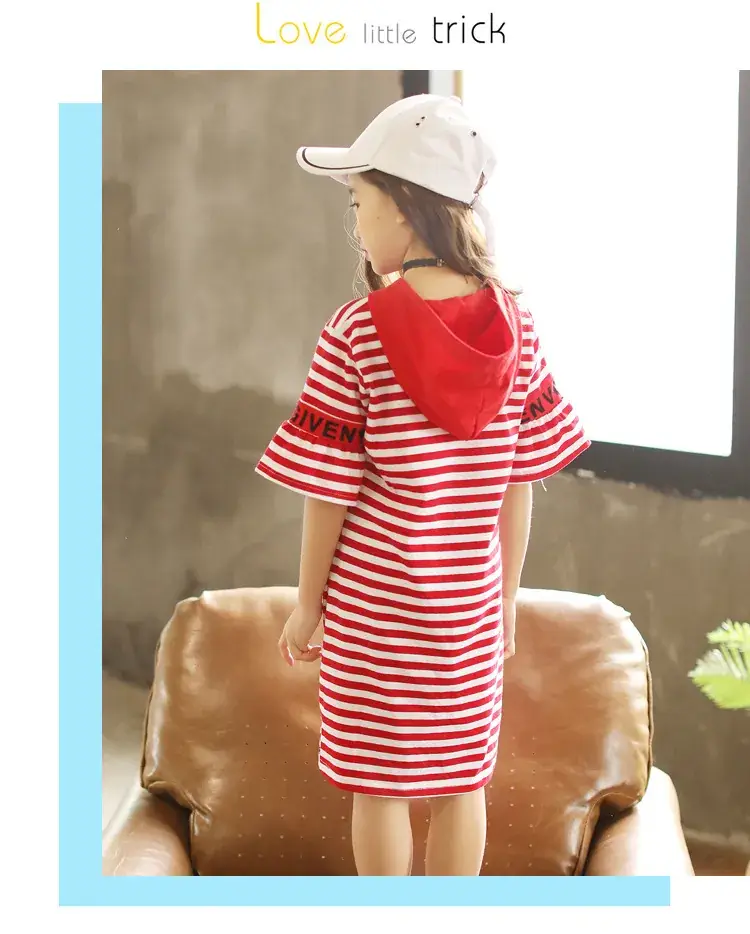 Girls Red Striped Hooded T-Shirt Dress Mid Length Pure Cotton — feature 8
