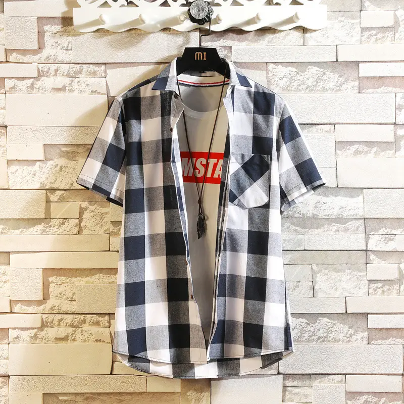 Men's Red Black Plaid Short Sleeve Shirt Summer 2021 - Image 5