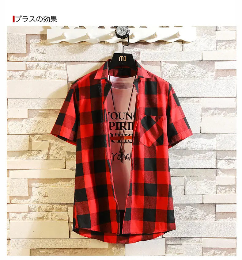 Men's Red Black Plaid Short Sleeve Shirt Summer 2021 — feature 10
