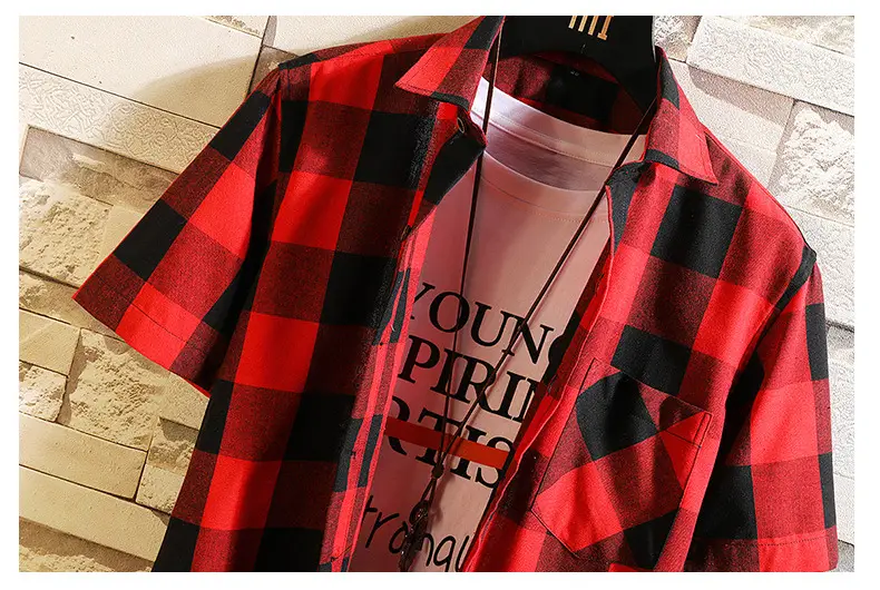 Men's Red Black Plaid Short Sleeve Shirt Summer 2021 — feature 13