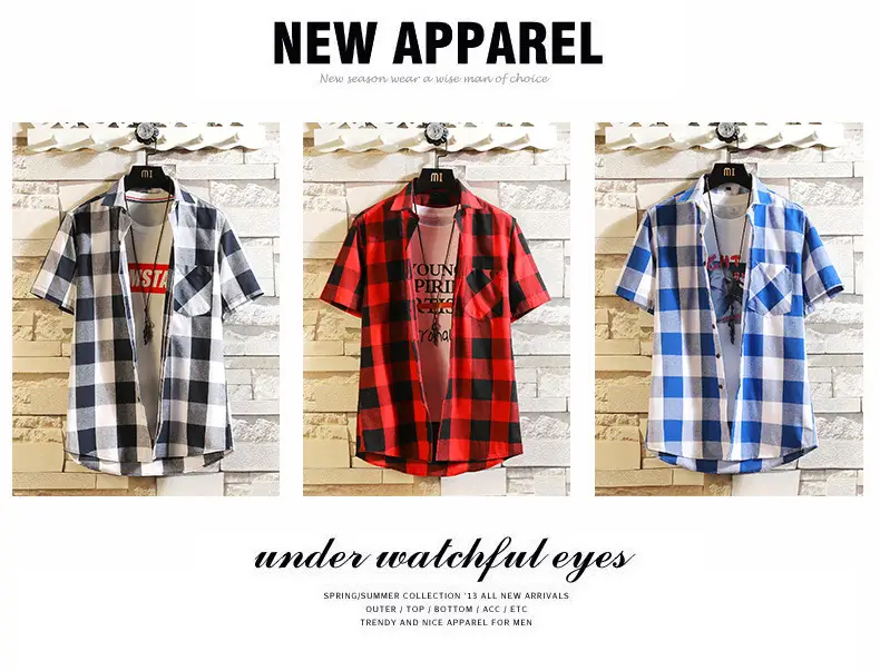 Men's Red Black Plaid Short Sleeve Shirt Summer 2021 — feature 7