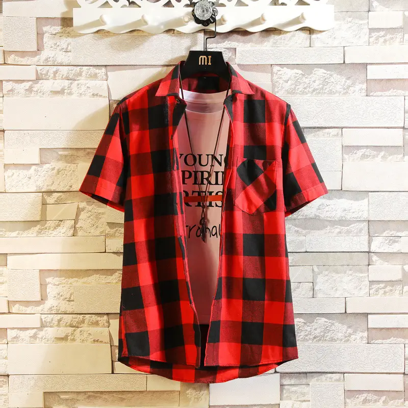 Men's Red Black Plaid Short Sleeve Shirt Summer 2021 - Image 2