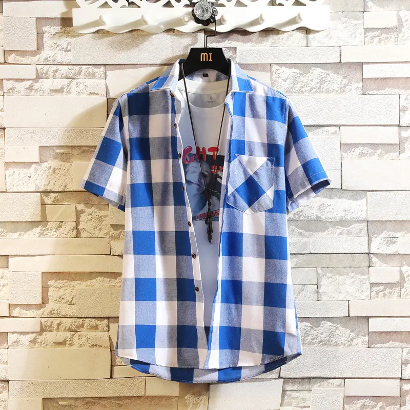 Men's Red Black Plaid Short Sleeve Shirt Summer 2021 - Image 3