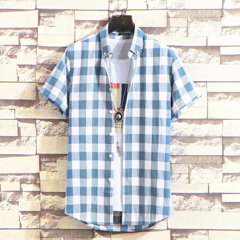 Men Plaid Checkered Short Sleeve Shirt - Image 5