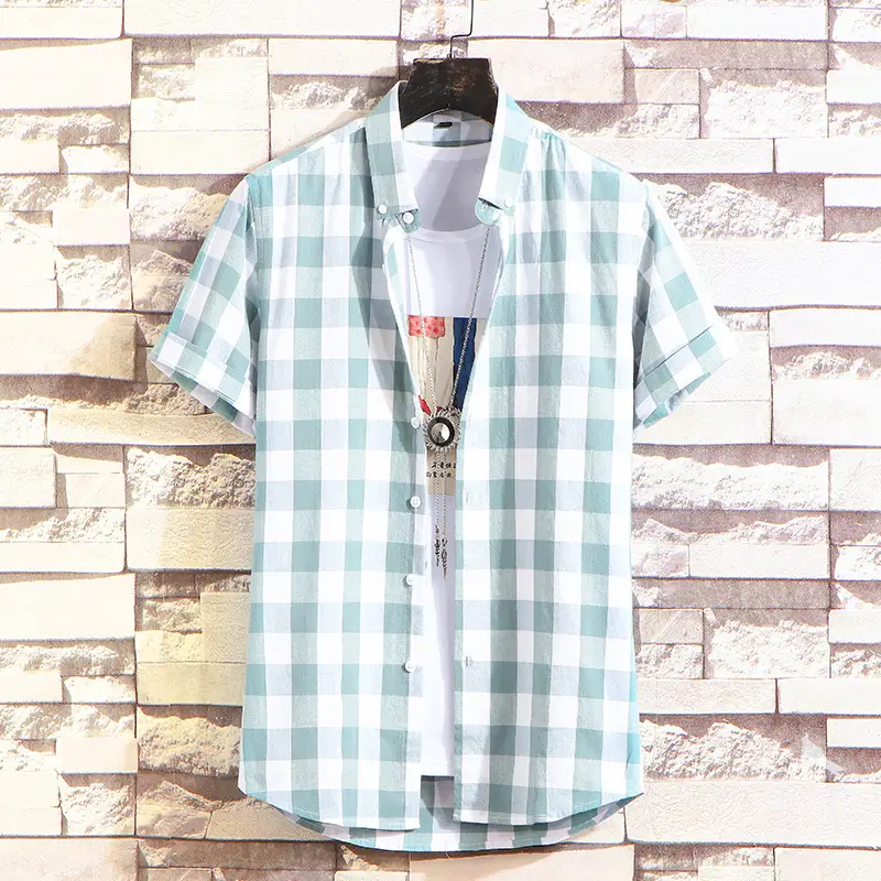 Men Plaid Checkered Short Sleeve Shirt - Image 6