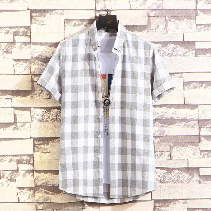 Men Plaid Checkered Short Sleeve Shirt - Image 7