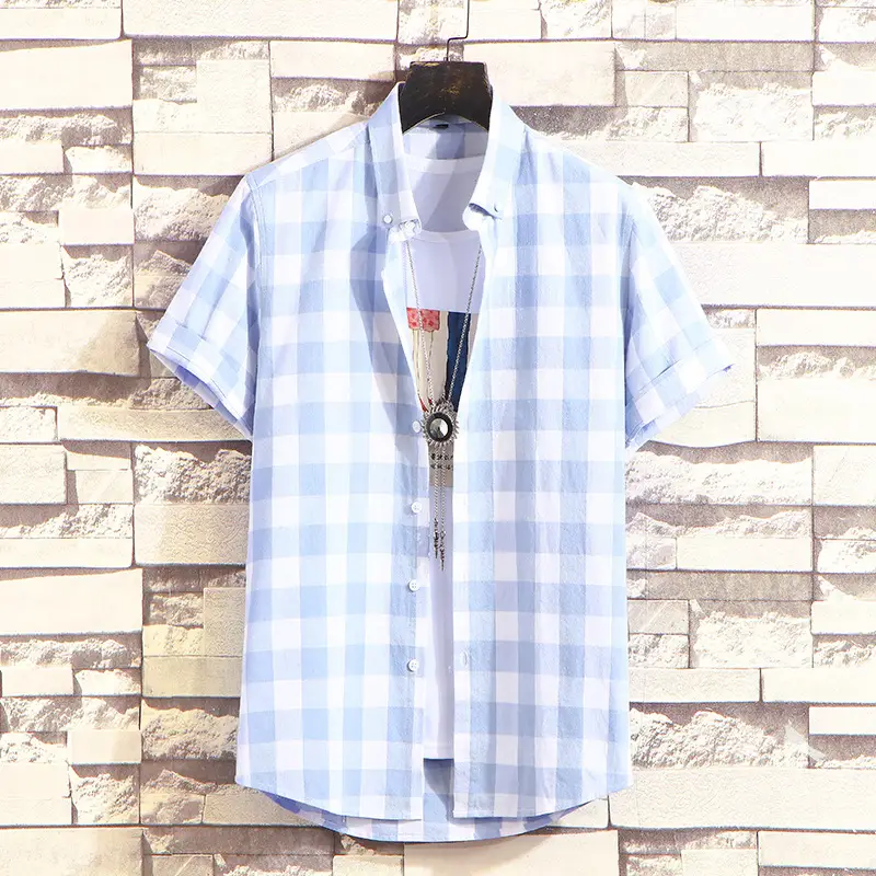 Men Plaid Checkered Short Sleeve Shirt - Image 8