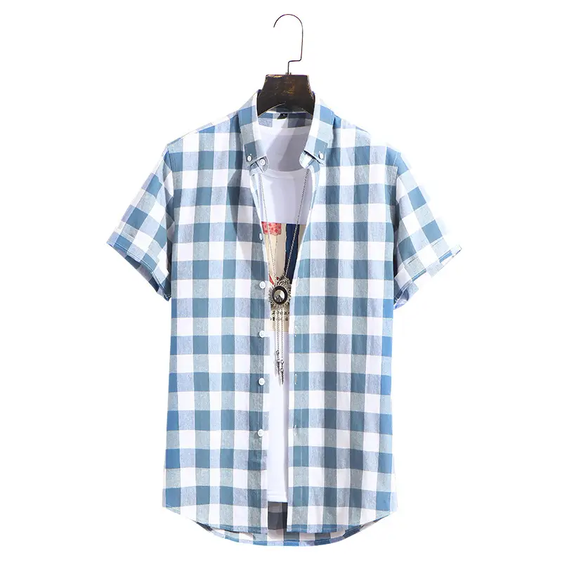 Men Plaid Checkered Short Sleeve Shirt - Image 9