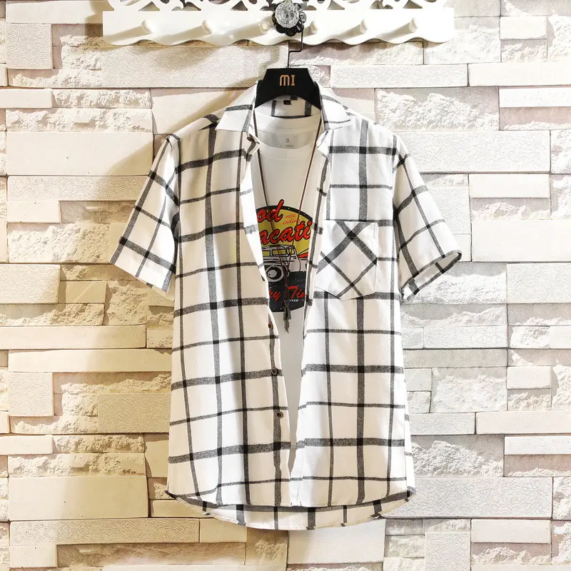Men's New Plaid Korean Style Shirt Black White