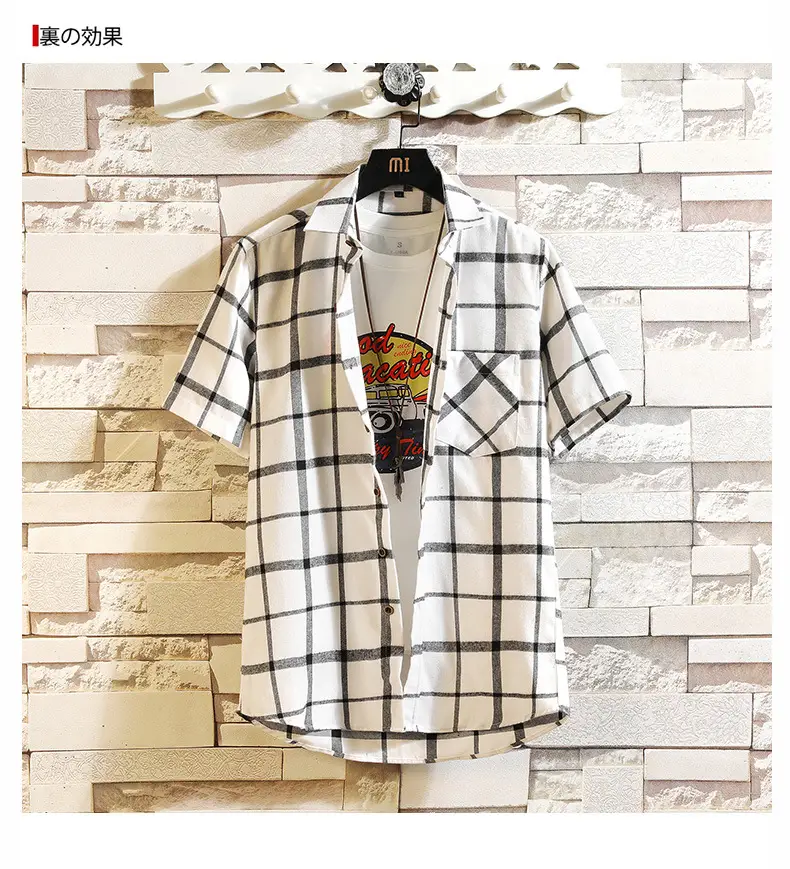 Men's New Plaid Korean Style Shirt Black White — feature 8