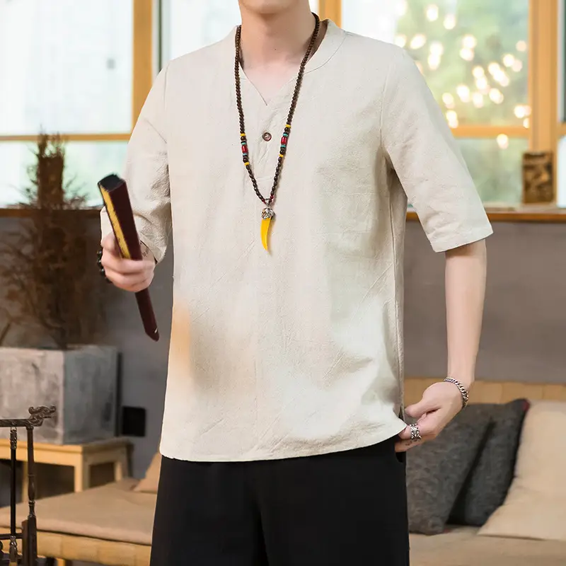 Men Black V-Neck Short Sleeve Shirt with Yellow Pendant