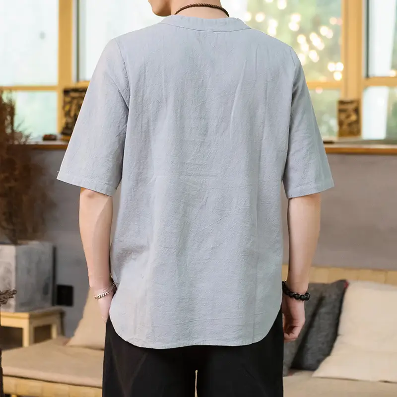 Men Black V-Neck Short Sleeve Shirt with Yellow Pendant