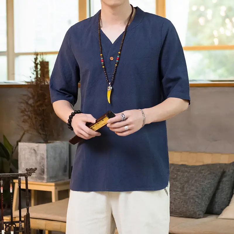 Men Black V-Neck Short Sleeve Shirt with Yellow Pendant