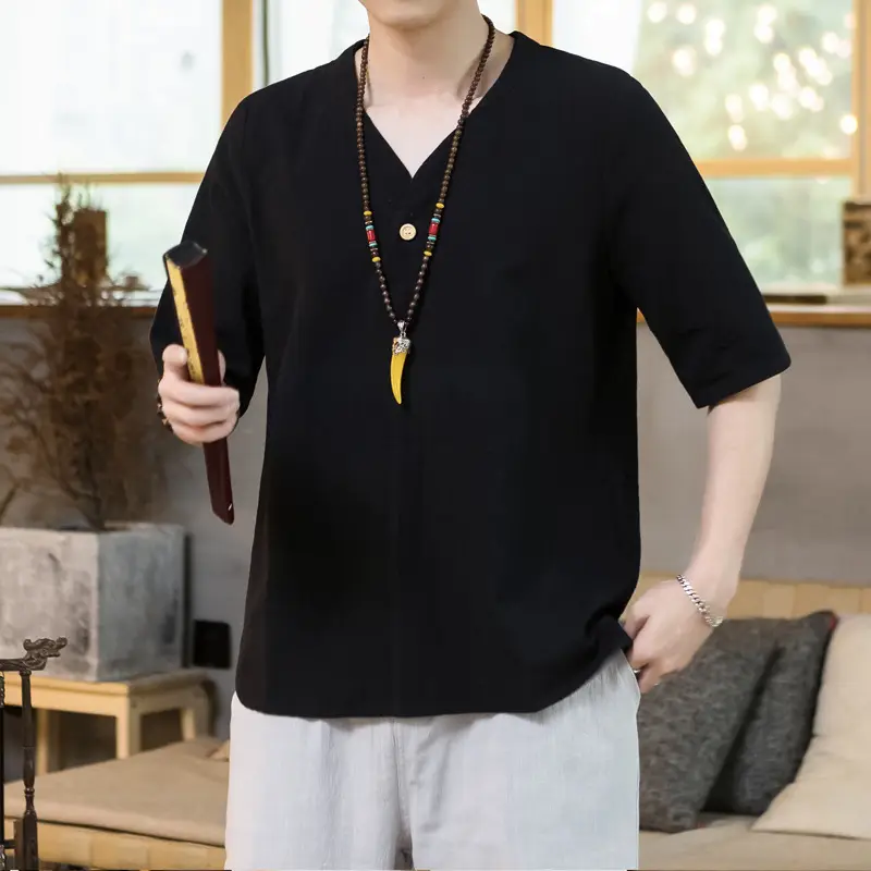 Men Black V-Neck Short Sleeve Shirt with Yellow Pendant