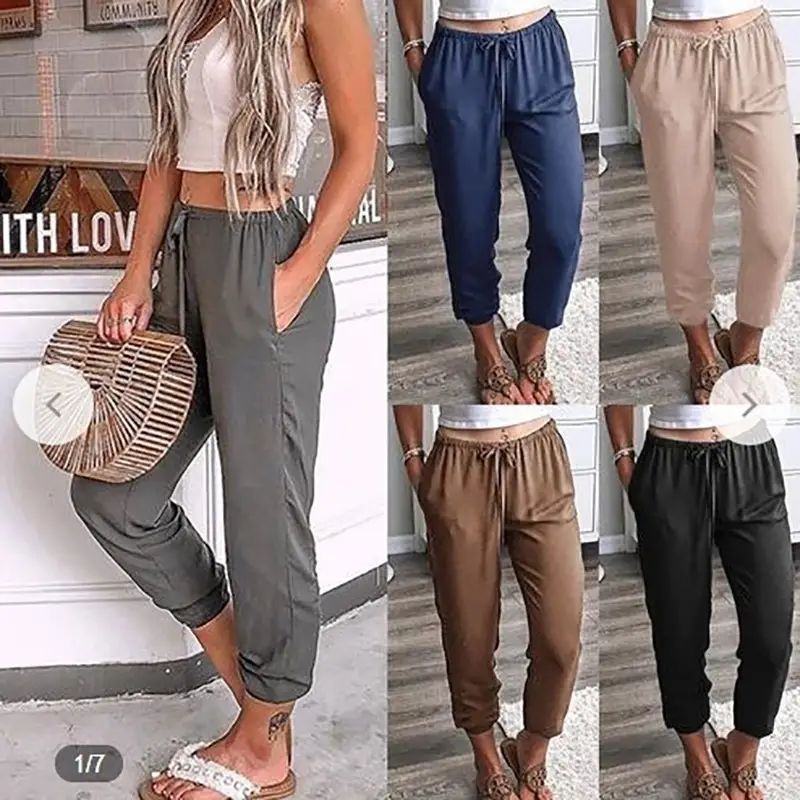 Lace-Up Nine Point Pants Low Waist Casual Beige - Image 6