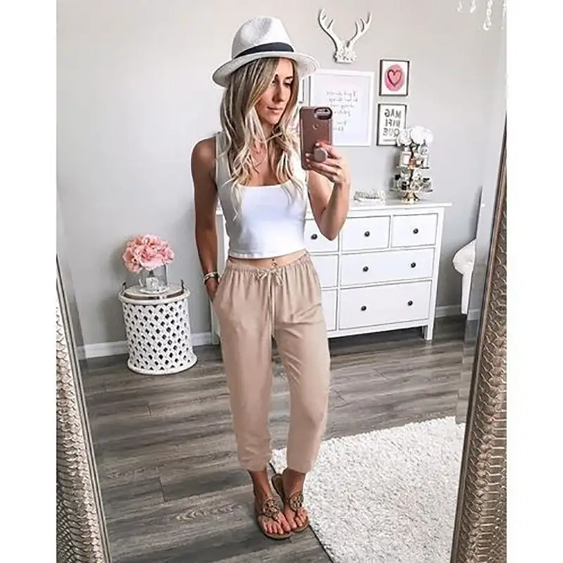 Lace-Up Nine Point Pants Low Waist Casual Beige - Image 8