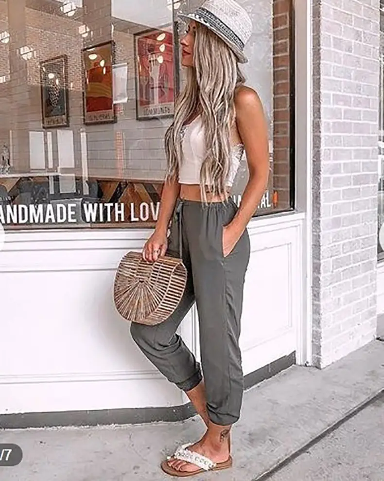 Lace-Up Nine Point Pants Low Waist Casual Beige — feature 16