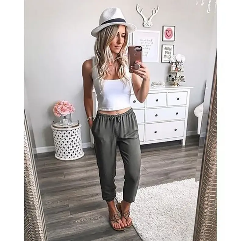 Lace-Up Nine Point Pants Low Waist Casual Beige - Image 2