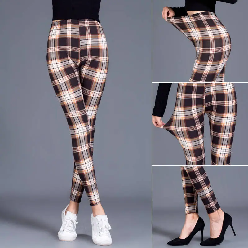 Women Plaid Leggings G4 Blue Cotton Stretch - Image 10