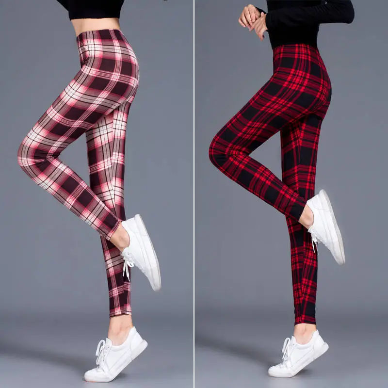 Women Plaid Leggings G4 Blue Cotton Stretch - Image 11