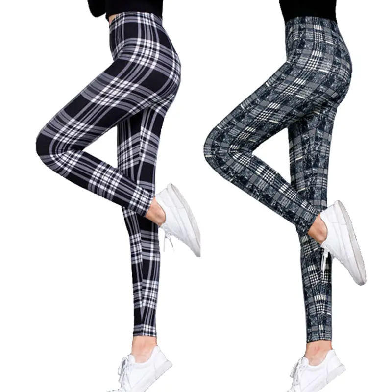 Women Plaid Leggings G4 Blue Cotton Stretch - Image 12