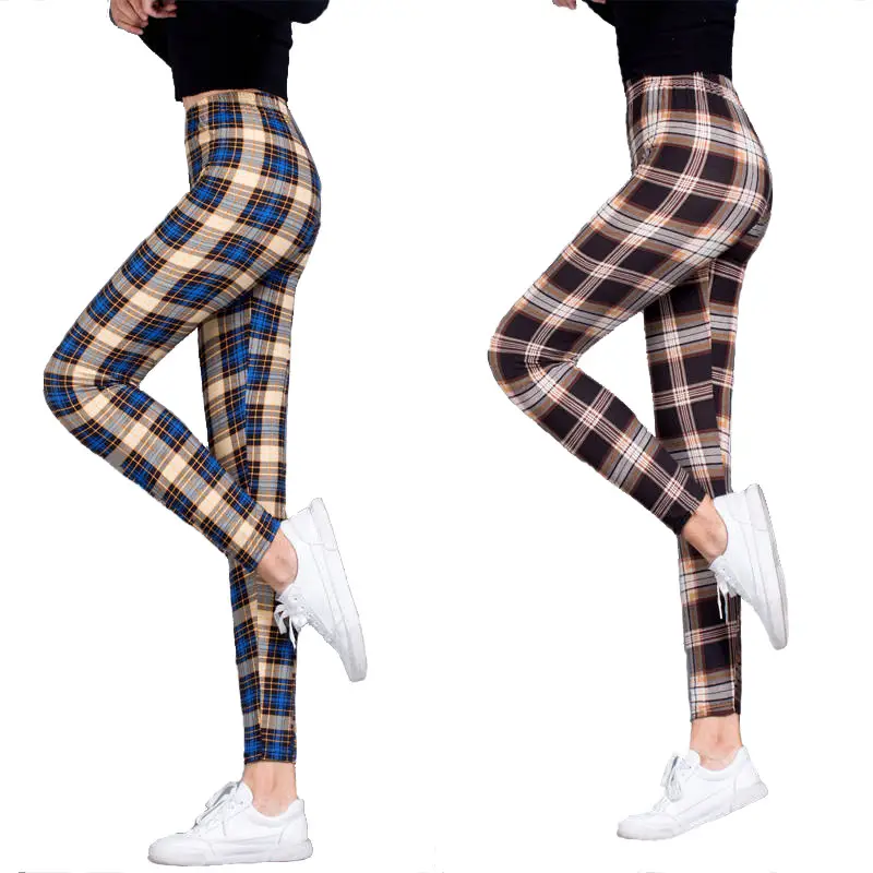 Women Plaid Leggings G4 Blue Cotton Stretch - Image 13