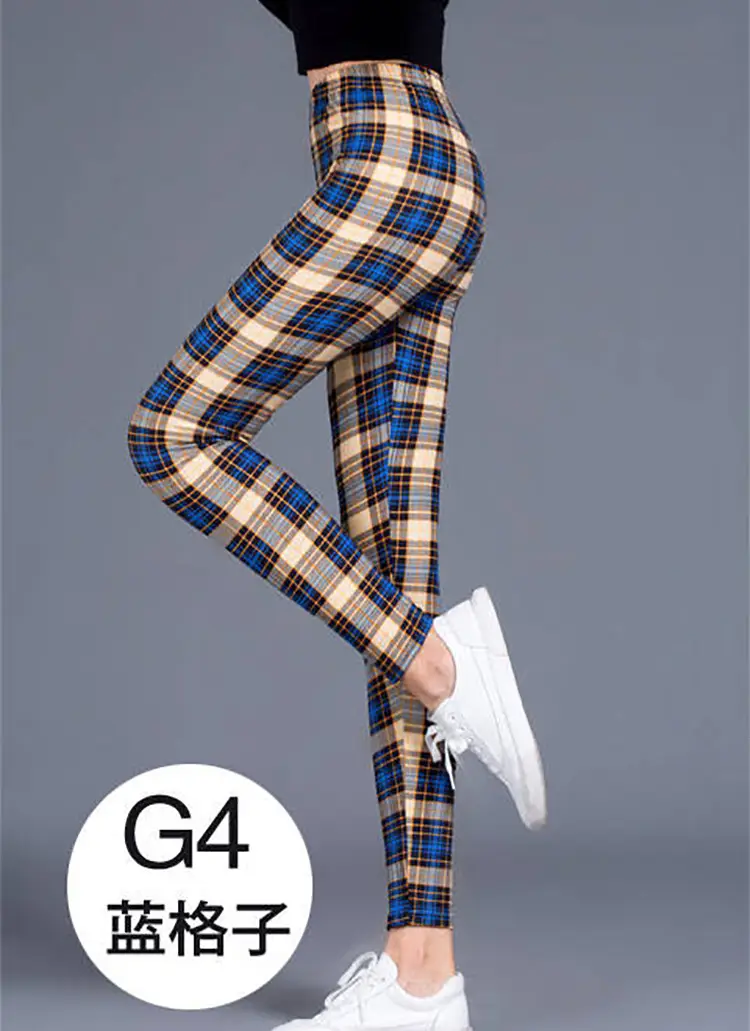 Women Plaid Leggings G4 Blue Cotton Stretch - Image 3