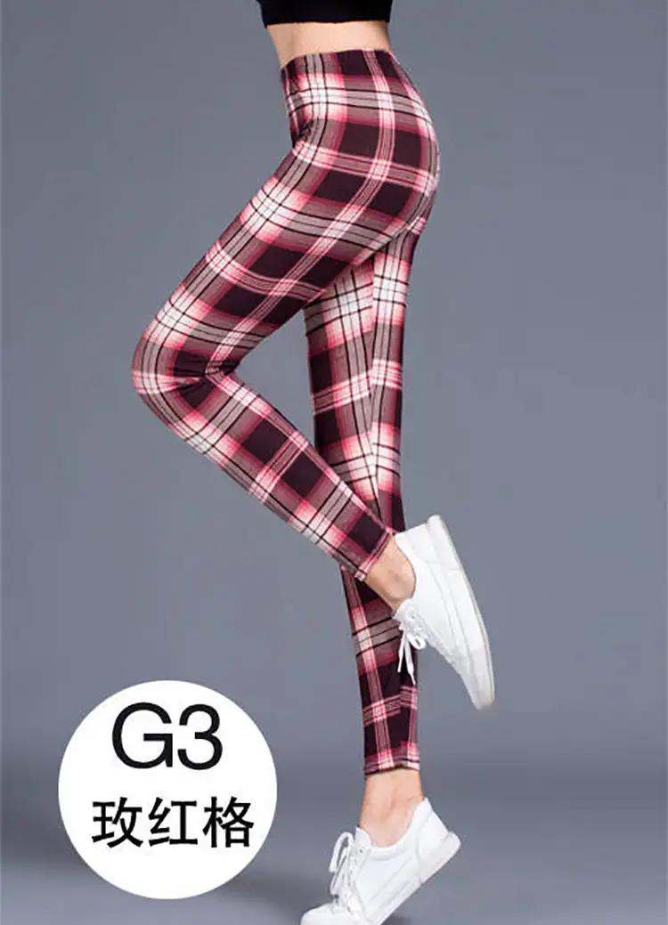 Women Plaid Leggings G4 Blue Cotton Stretch - Image 4