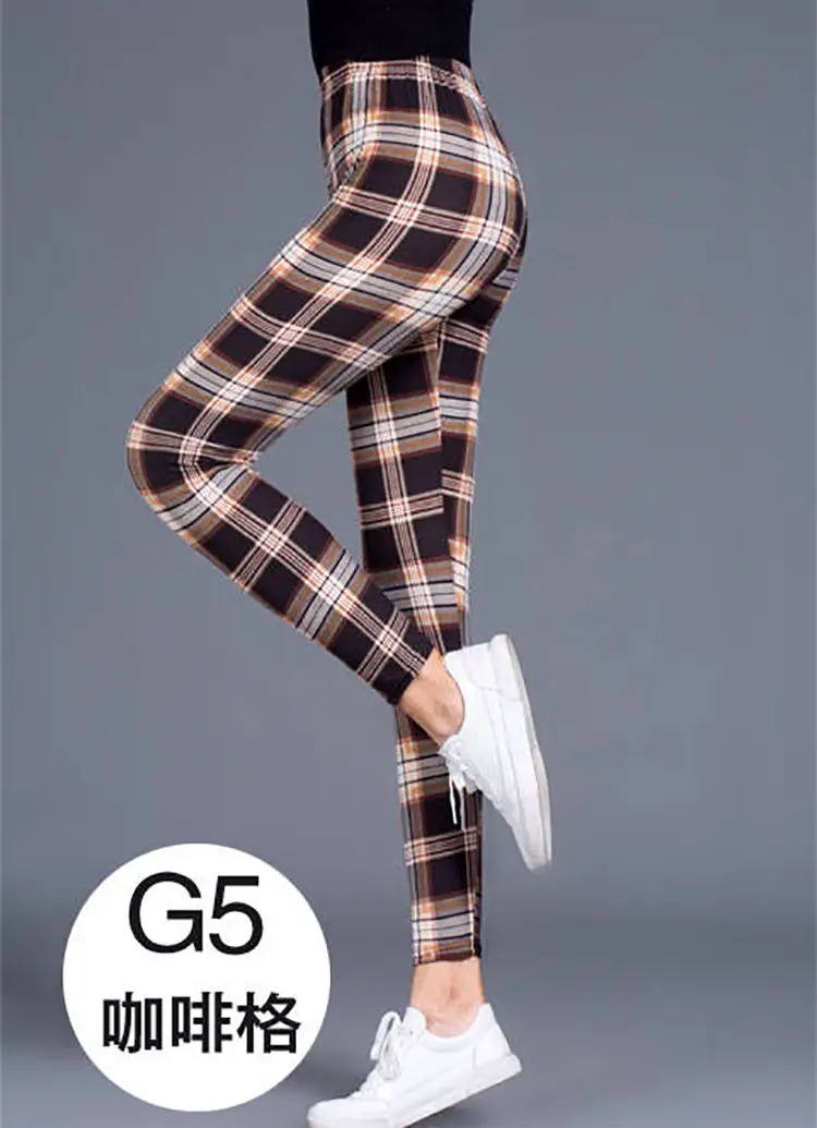 Women Plaid Leggings G4 Blue Cotton Stretch - Image 5