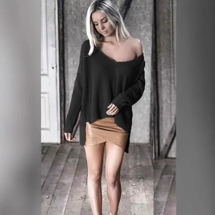 Black Off-Shoulder Long Sleeve Sweater Top for Women