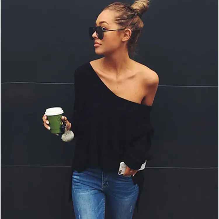 Black Off-Shoulder Long Sleeve Sweater Top for Women