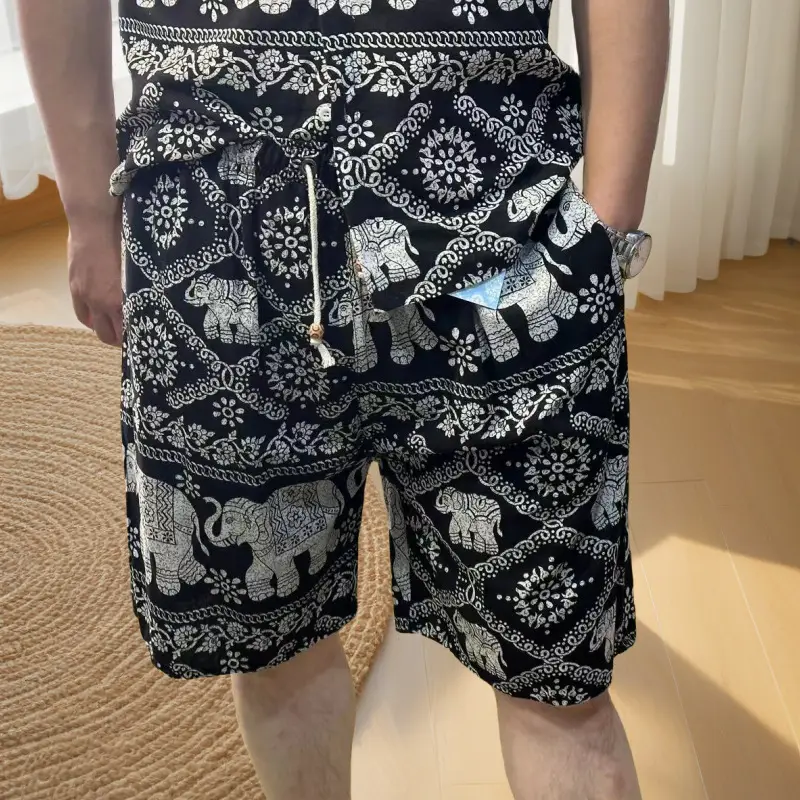 Men's Elephant Print Beach Shorts Black Large - Image 15