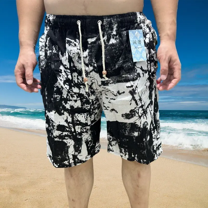 Men's Elephant Print Beach Shorts Black Large - Image 18